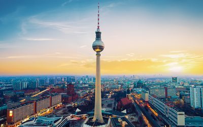 Berlin, 4k, Berlins TV-Torn, sunset, byggnader, Tyskland