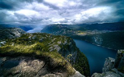 fjord, mountains, mountain landscape, cloudy weather, Lysefjorden, Ryfylke, Rogaland, Norway