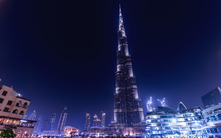 Burj Khalifa, 4k, grattacielo, 828 metri, Dubai, notte, EMIRATI arabi uniti