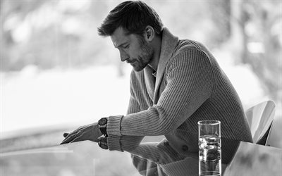 Nikolaj Coster-Waldau, Danish actor, monochrome, portrait, man in a sweater