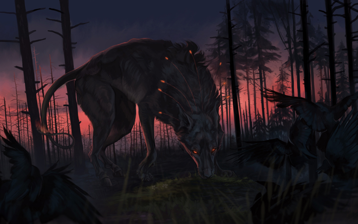 lobo, la oscuridad, la caza, bosque, arte de la fantas&#237;a