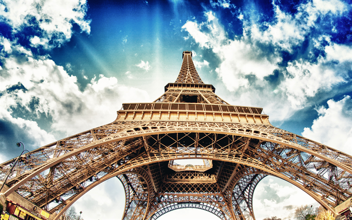 4k, la Torre Eiffel, el cielo azul, las nubes, HDR, Par&#237;s, Francia