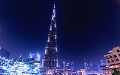 Burj Khalifa, 4k, night, skyscrapers, Dubai, UAE