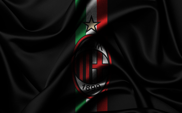 Milan, Serie A, football, Italy, black silk flag, emblem of Milan, football club, Milan logo