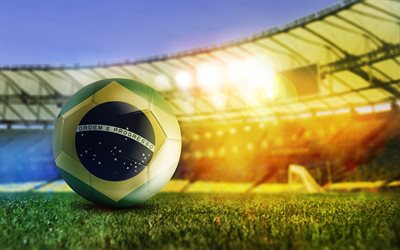 Brasile squadra nazionale di calcio, pallone da calcio, bandiera del brasile, Maracana stadium, stadio di calcio