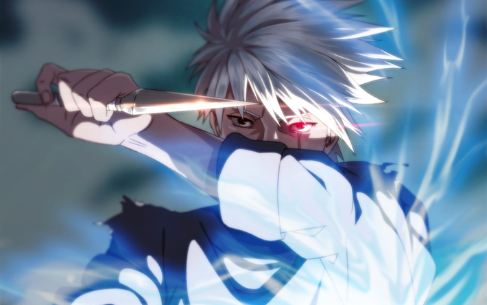 Kakashi Hatake, un cuchillo, un shinobi, Konohagakures clan Hatake, cabello azul, manga, Naruto