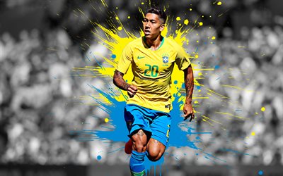 roberto firmino, 4k, brasilianische fu&#223;baller, die brasilien-fu&#223;ball-team, kunst -, gelb-blauen farbspritzern, grunge, kunst, kreativ, brasilien, fu&#223;ball