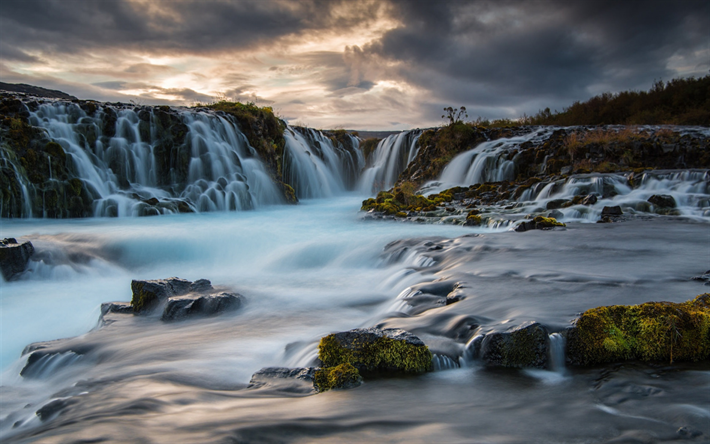 waterfalls, sunset, evening, mountain river, Iceland