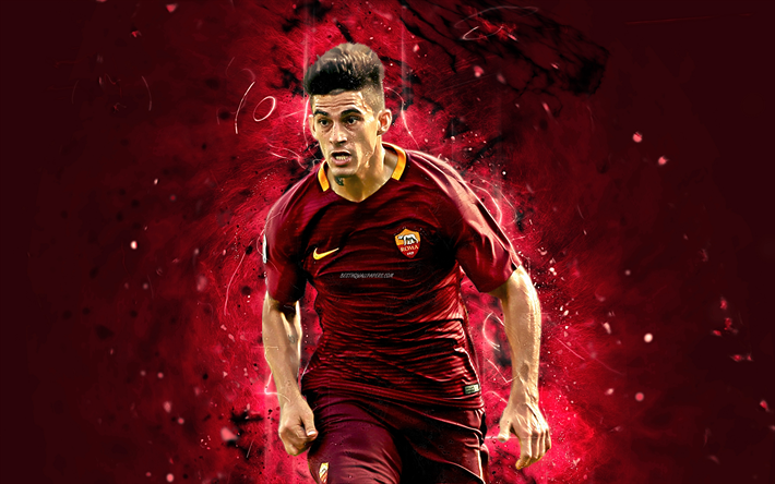 Diego Perotti, abstract art, Argentine footballer, Roma FC, soccer, Serie A, Perotti, neon lights, AS Roma, creative