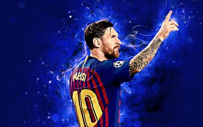 Lionel Messi, goal, argentinian footballer, Barcelona FC, La Liga, Messi, Barca, football stars, Leo Messi, neon lights, soccer, LaLiga