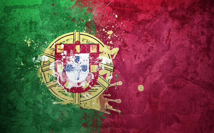 Lippu Portugali, grunge art, roiskeet maali, creative art, Portugalin lipun, Portugali