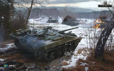 World of Tanks, Sueco tanque, auto-propelido arma, STRV S1, inverno, batalha, neve, Ex&#233;rcito sueco, tanques