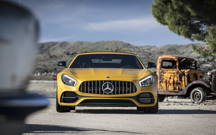Mercedes-Benz GT R AMG, 2019, front view, yellow supercar, new yellow GT R, sports coupe, German sports cars, Mercedes