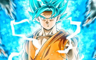 4k, Blue Goku, blue lightings, artwork, Super Saiyan Blue, DBS, manga, Dragon Ball, Son Goku, Super Saiyan God, Dragon Ball Super
