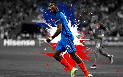 Paul Pogba, 4k, France national football team, art, splashes of paint, grunge art, french footballer, creative art, France, football, Flag of France
