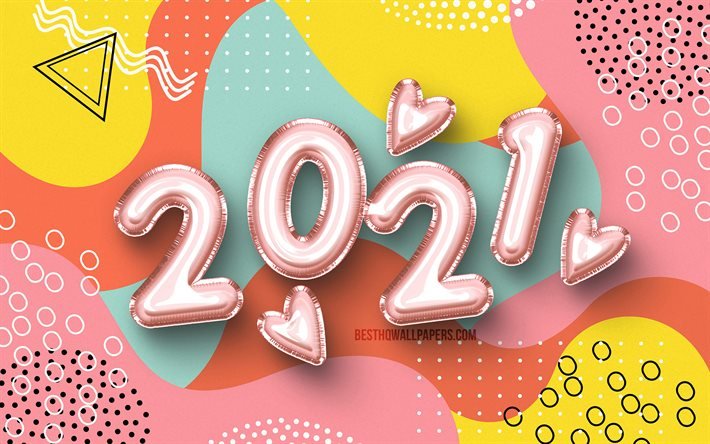 4k, Felice Anno Nuovo 2021, cifre palloncini rosa, 2021 cifre rosa, 2021 concetti, 2021 nuovo anno, 2021 su sfondo colorato, 2021 cifre anno