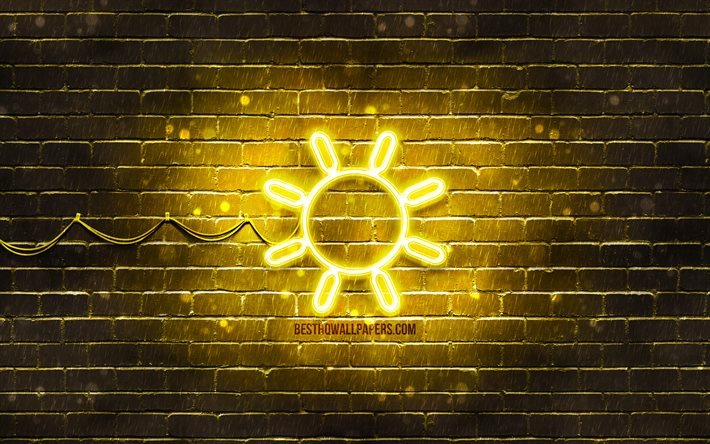 Sun neon icon, 4k, yellow background, neon symbols, Sun, creative, neon icons, Sun sign, ecology signs, Sun icon, ecology icons