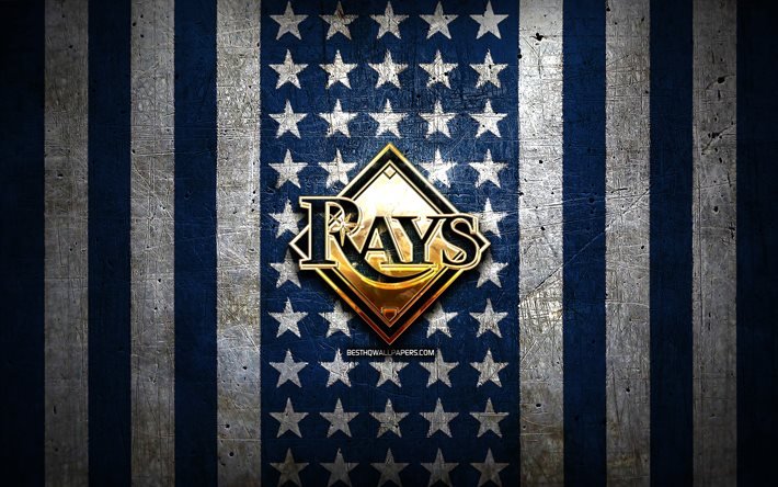 Bandiera Tampa Bay Rays, MLB, sfondo in metallo bianco blu, squadra di baseball americana, logo Tampa Bay Rays, Stati Uniti d&#39;America, baseball, Tampa Bay Rays, logo dorato