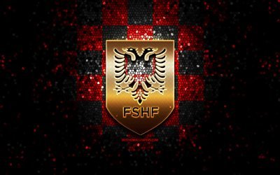 Albanskt fotbollslag, glitterlogotyp, UEFA, Europa, r&#246;d svart rutig bakgrund, mosaikkonst, fotboll, Albaniens fotbollslandslag, FCHF-logotyp, Albanien