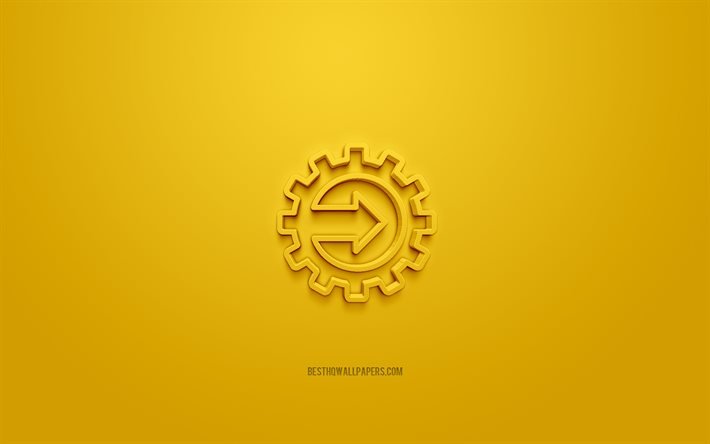 Gear with arrow 3d icon, yellow background, 3d symbols, Gear with arrow, creative 3d art, 3d icons, Gear sign, Business 3d icons