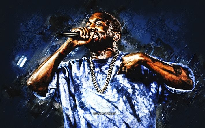 Kanye West, american rapper, portrait, blue stone background, american singers