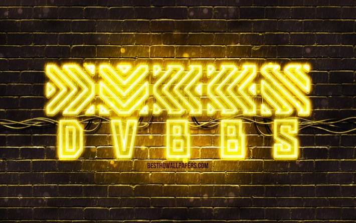DVBBS logo amarillo, 4k, Chris Chronicles, Alex Andre, pared de ladrillo amarillo, logo DVBBS, celebridad canadiense, logo ne&#243;n DVBBS, DVBBS