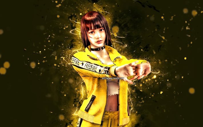 Download Wallpapers Kelly 4k Yellow Neon Lights 2020 Games Free Fire Battlegrounds Garena Free Fire Characters Garena Free Fire Kelly Free Fire For Desktop Free Pictures For Desktop Free