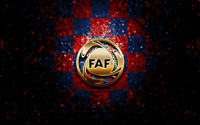 &#201;quipe de football andorrane, logo de paillettes, UEFA, Europe, fond quadrill&#233; rouge bleu, art de la mosa&#239;que, football, &#233;quipe nationale de football d&#39;Andorre, logo FAF, Andorre