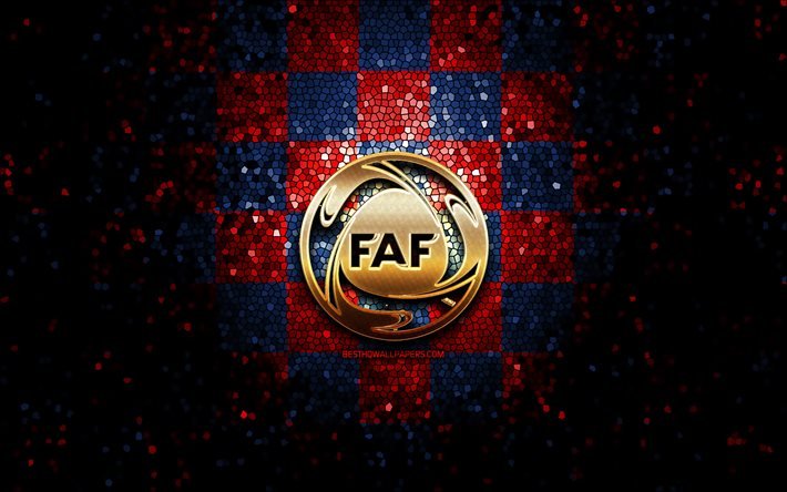 Andorran football team, glitter logo, UEFA, Europe, blue red checkered background, mosaic art, soccer, Andorra National Football Team, FAF logo, football, Andorra
