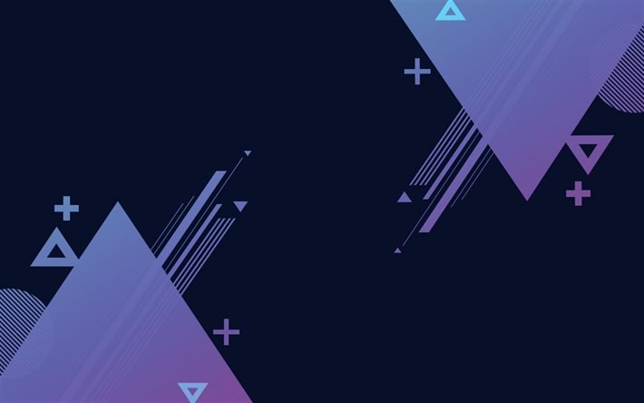 紫色の三角形と青色の背景, 青いバストラクション背景, 三角形の抽象化の背景, 創造的な青い背景