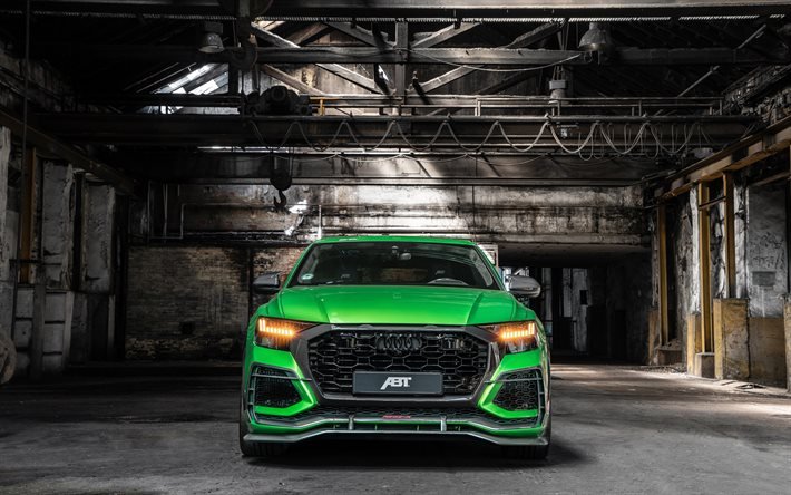 ABT RS Q8-R, 2020, vista frontal, exterior, Audi Q8, SUV verde, tuning Q8, nuevo Q8 verde, autos alemanes