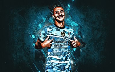 Thiago Alcantara, Liverpool FC, spanish football player, portrait, blue stone background, England, football, creative art