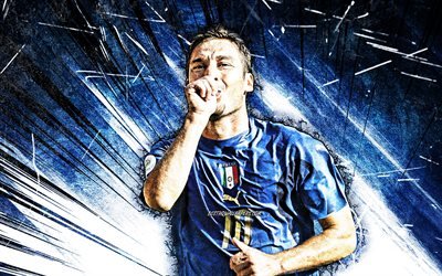 4k, Francesco Totti, art grunge, stars du football, footballeurs italiens, football, équipe nationale de football d&#39;Italie, rayons abstraits bleus, légendes du football, Francesco Totti 4K