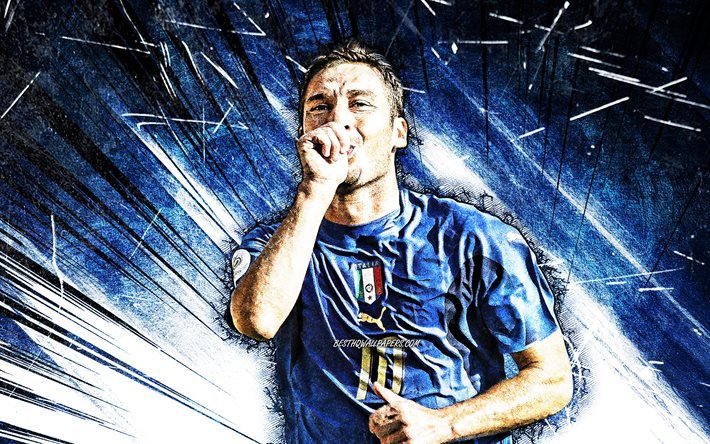 4k, Francesco Totti, art grunge, stars du football, footballeurs italiens, football, &#233;quipe nationale de football d&#39;Italie, rayons abstraits bleus, l&#233;gendes du football, Francesco Totti 4K