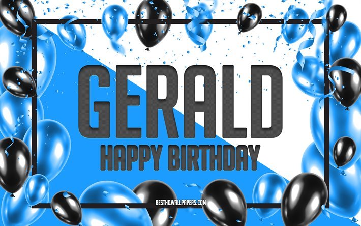 Buon compleanno Gerald, Sfondo di palloncini di compleanno, Gerald, sfondi con nomi, Sfondo di compleanno di palloncini blu, biglietto di auguri, Compleanno di Gerald