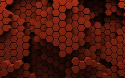 brown hexagons, 4k, 3D art, creative, honeycomb, hexagons patterns, brown hexagons background, hexagons textures, brown backgrounds, hexagons texture
