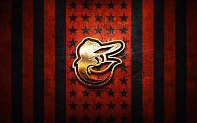 Baltimore Orioles -lippu, MLB, oranssi musta metallitausta, amerikkalainen baseball-joukkue, Baltimore Orioles -logo, USA, baseball, Baltimore Orioles, kultainen logo