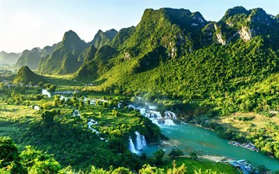 Ban Gioc Falls, Quay Son -joki, aamu, auringonnousu, vuoristomaisema, vesiputous, Vietnam, Guangxi