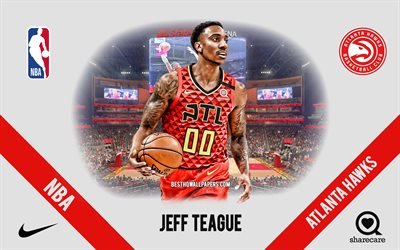 Jeff Teague, Atlanta Hawks, joueur de basket am&#233;ricain, NBA, portrait, USA, basket-ball, State Farm Arena, logo Atlanta Hawks