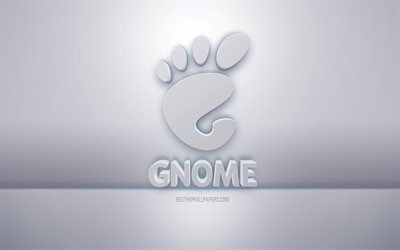 GNOME 3d white logo, gray background, GNOME logo, creative 3d art, GNOME, 3d emblem