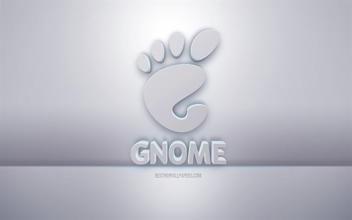 Logotipo do GNOME 3D branco, fundo cinza, logotipo do GNOME, arte criativa em 3D, GNOME, emblema 3D
