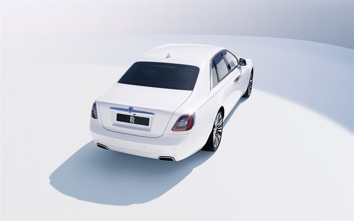 Rolls-Royce Ghost, 2021, 4k, retrovisor, exterior, sedan de luxo branco, Ghost branco novo, carros brit&#226;nicos, Rolls-Royce