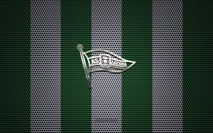Logo Lechia Gdansk, squadra di calcio polacca, emblema in metallo, sfondo verde rete metallica bianca, Lechia Gdansk, Ekstraklasa, Danzica, Polonia, calcio