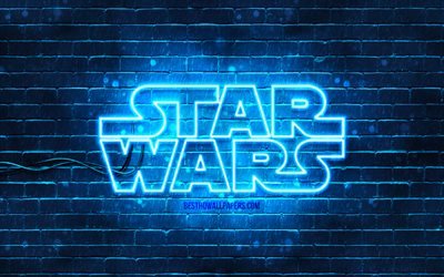 Star Wars blue logo, 4k, blue brickwall, Star Wars logo, creative, Star Wars neon logo, Star Wars