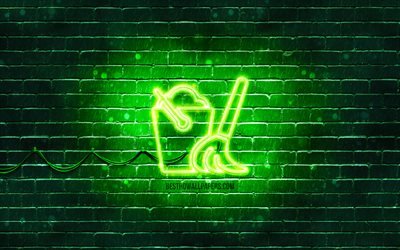 Icona neon di pulizia, 4k, sfondo verde, simboli al neon, Pulizia, creativo, icone al neon, segno di pulizia, segni di pulizia, icona di pulizia, icone di pulizia