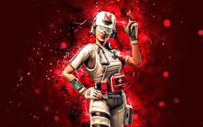 Field Surgeon, 4k, red neon lights, 2020 games, Fortnite Battle Royale, Fortnite characters, Field Surgeon Skin, Fortnite, Field Surgeon Fortnite