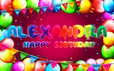 Joyeux anniversaire Alexandra, 4k, cadre ballon color&#233;, nom Alexandra, fond violet, Alexandra Joyeux anniversaire, Alexandra Anniversaire, noms f&#233;minins am&#233;ricains populaires, concept d’anniversaire, Alexandra