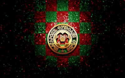ブルガリアサッカーチーム, キラキラロゴ, 欧州サッカー連盟, ヨーロッパ, 緑の赤い市松模様の背景, モザイクアート, サッカー, サッカーブルガリア代表, BFU ロゴ, フットボール。, ブルガリア