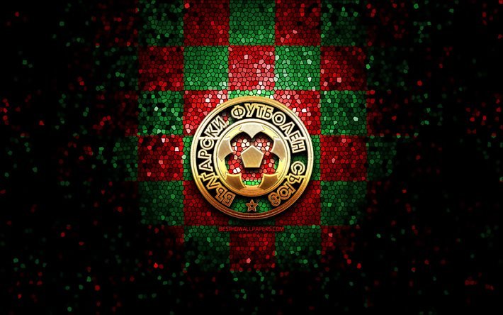 Bulgar futbol takımı, glitter logo, UEFA, Avrupa, yeşil kırmızı damalı arka plan, mozaik sanat, futbol, Bulgaristan Milli Futbol Takımı, BFU logosu, Bulgaristan