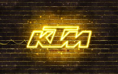KTM logo jaune, 4k, jaune brickwall, KTM logo, marques de motos, KTM n&#233;on logo KTM